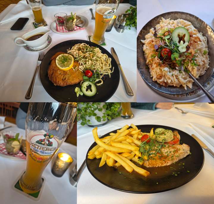 Vier Bilder vom Mittagessen, ein Weizenbier