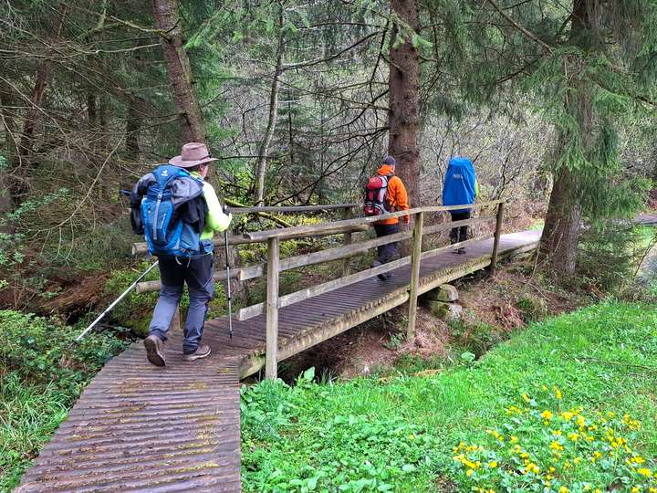 Ein rutschiger Holzbohlenpfad mit Brücke
